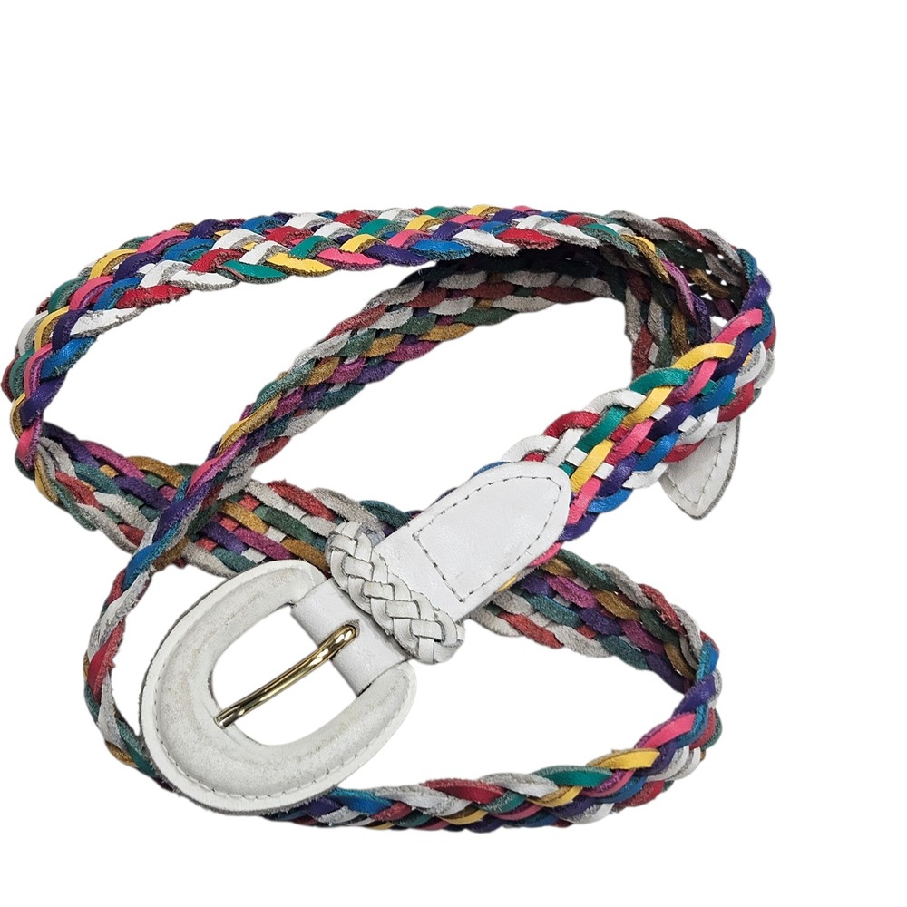 Woven Braided Belt Leather Colorful Rainbow White Buckle Medium M‎ Twee Boho